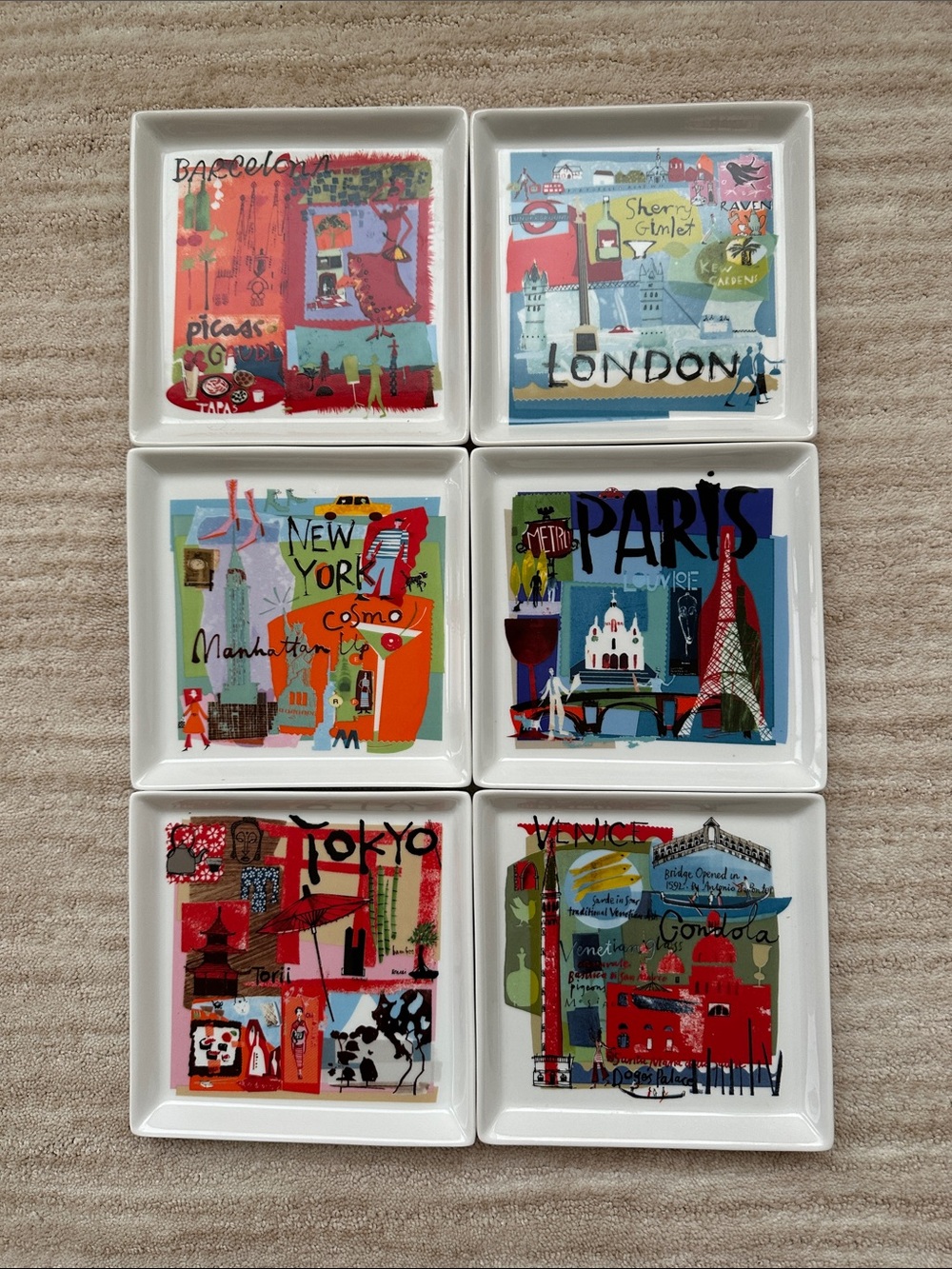 Set of 6 Crate&Barrel Travel World City appetizer plates
